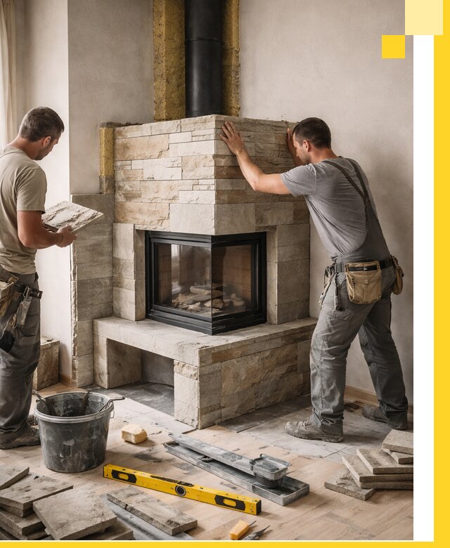 Угловые камины под ключ проект, монтаж и отделка в Нижнем Тагиле