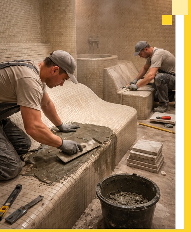 Лежаки для хамама под ключ в Нижнем Тагиле, проект и монтаж